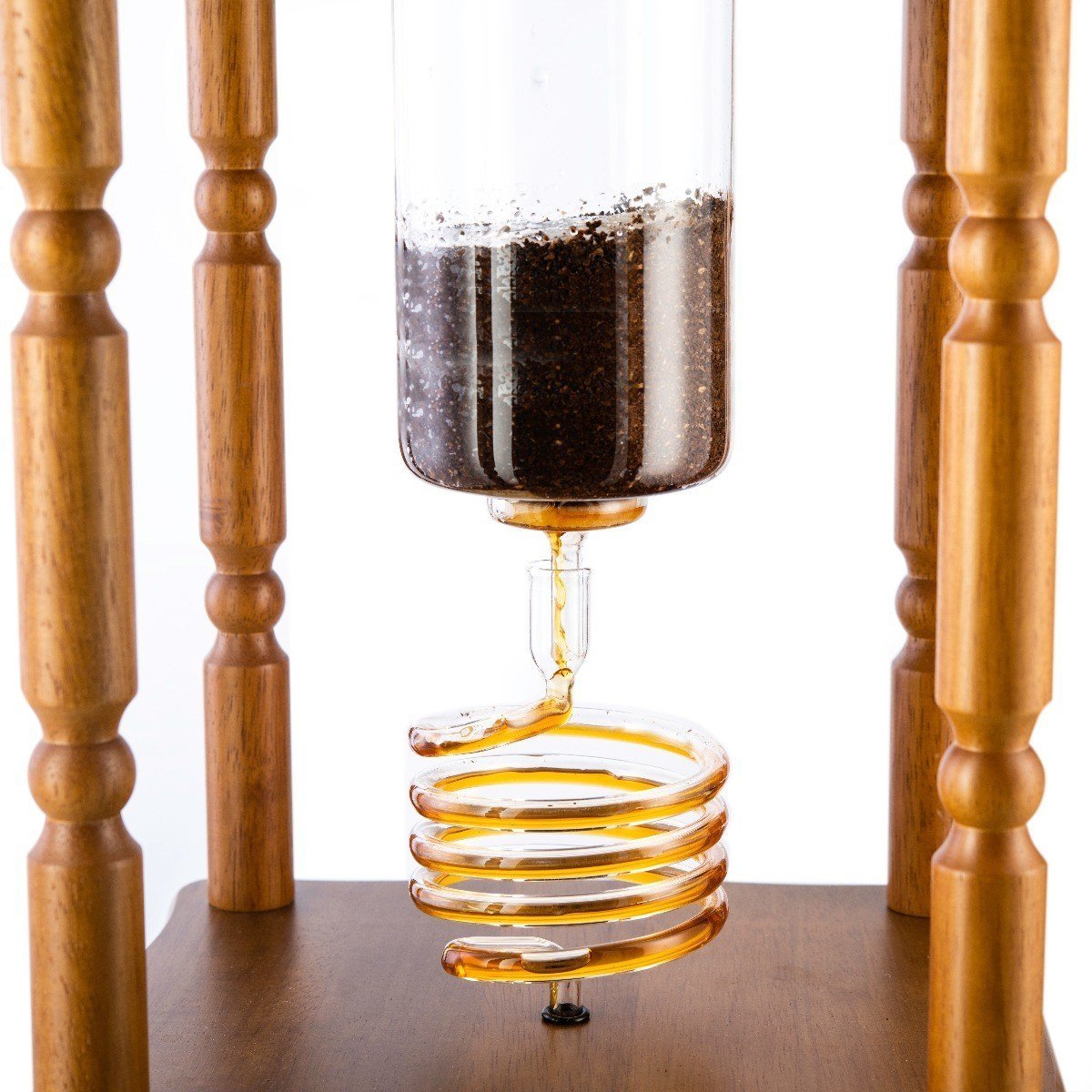 Yama Glass Cold Brew Tower – Curved Brown Wood Frame – 25 Cup (100 oz)