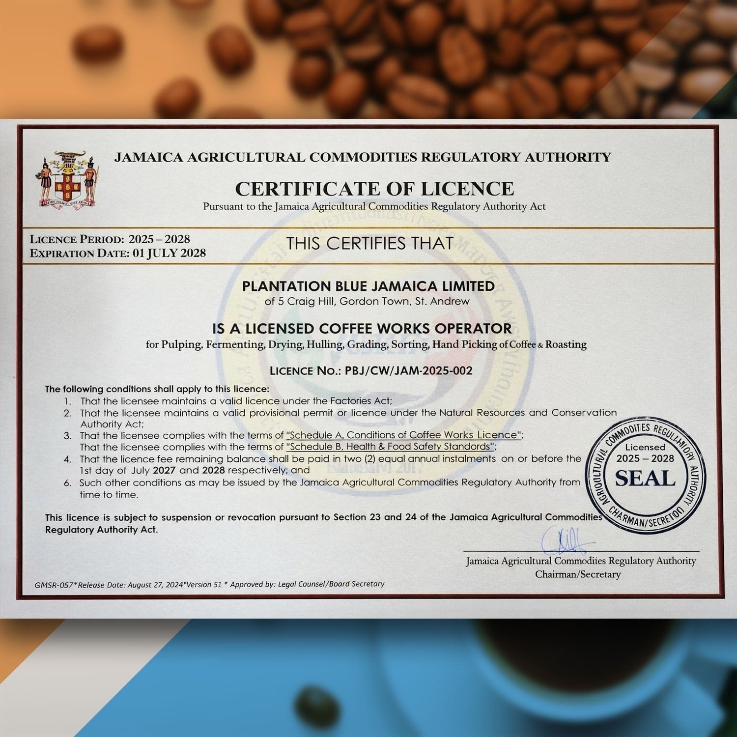 Plantation Blue 100% Jamaica Blue Mountain Coffee - Dark Roasted Beans (12oz)
