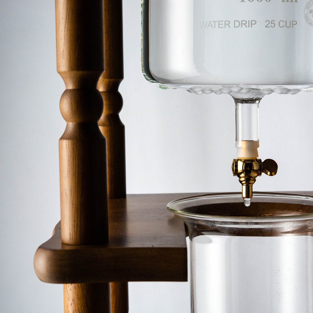 Yama Glass Cold Brew Tower – Curved Brown Wood Frame – 25 Cup (100 oz)